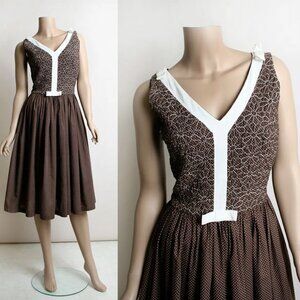 Vintage 1960s Brown & White Swiss Polka Dot Cotton Day Dress Bows Small 60s